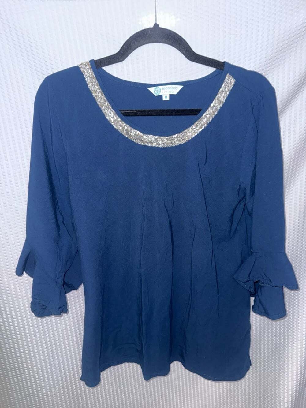 Escapada Living Blue Beaded Neckline Ruffle Sleeve Blouse Size M